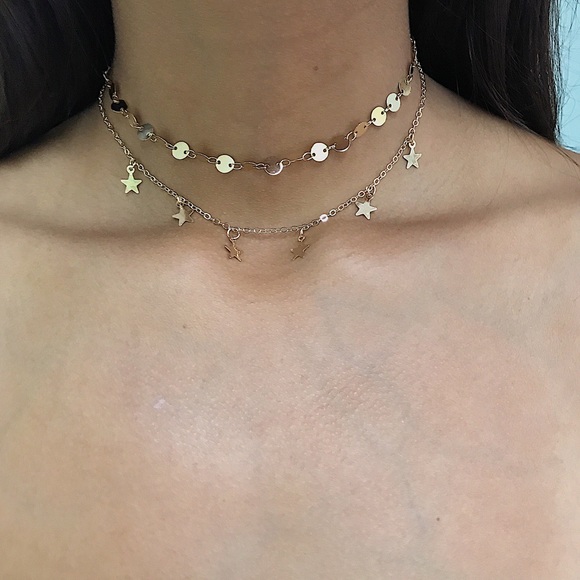 🆕 Gold Double Layer Sequin + Star Chain Choker - Picture 3 of 3